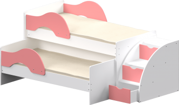Кровать детская Матрешка выкатная с лестницей  Белый/Розовый в Северо-Енисейском - severo-enisejskij.mebel54.com | фото
