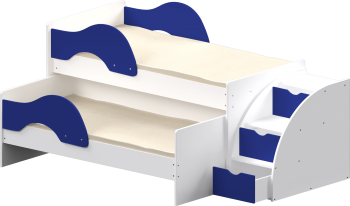 Кровать детская Матрешка выкатная с лестницей Белый/Синий в Северо-Енисейском - severo-enisejskij.mebel54.com | фото