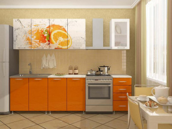 Кухонный гарнитур 1,6м Апельсин (Белый/Оранжевый металлик/Фотопечать апельсин) в Северо-Енисейском - severo-enisejskij.mebel54.com | фото